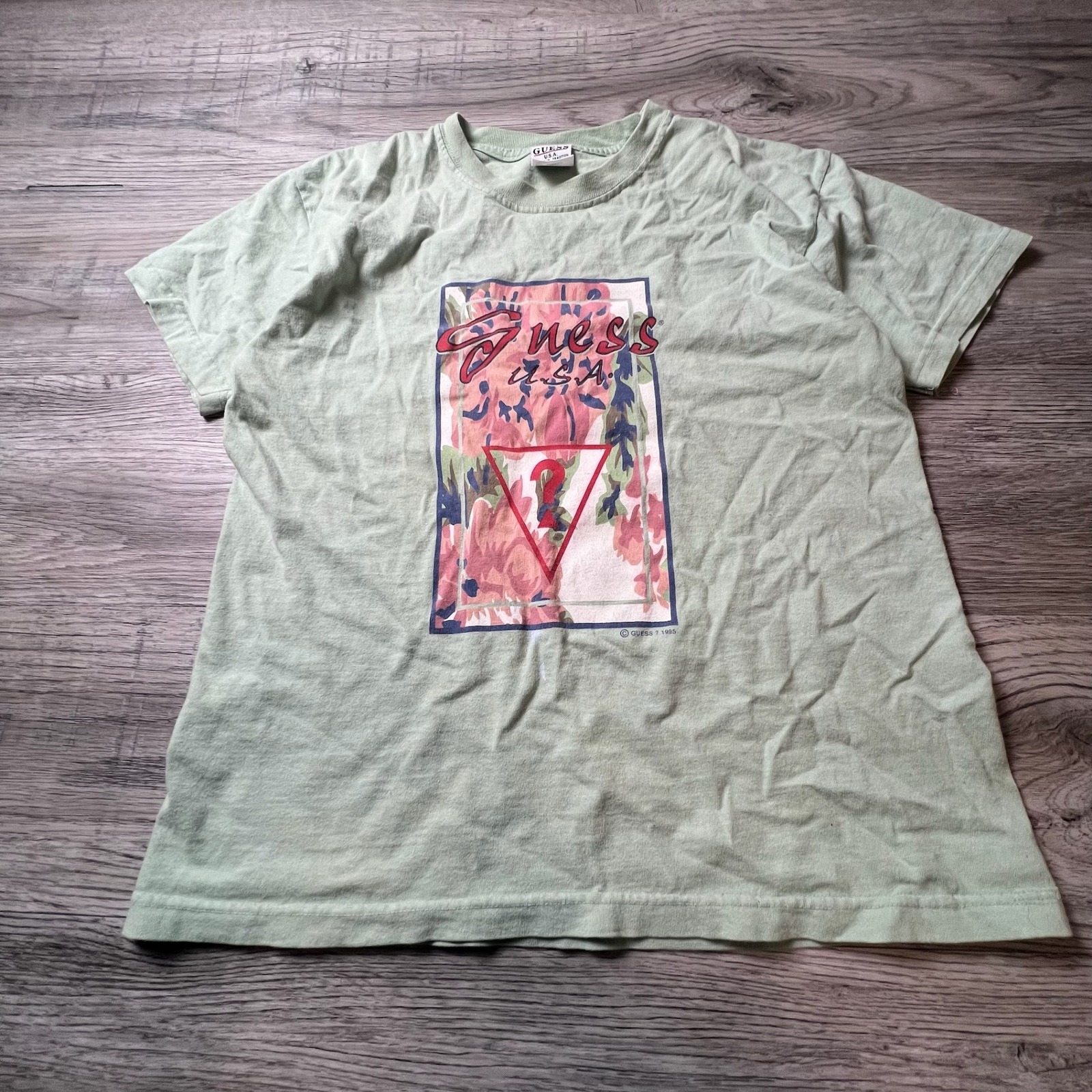 Guess T-Shirt Mens 1 Sage Green 1995 Vintage Floral Graphic Usa Made T8008